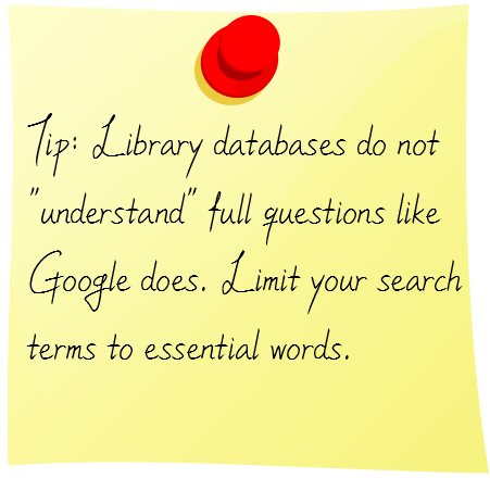 Tip: Library databases do not understand full questions like Google does. Limit your search terms to essential words.