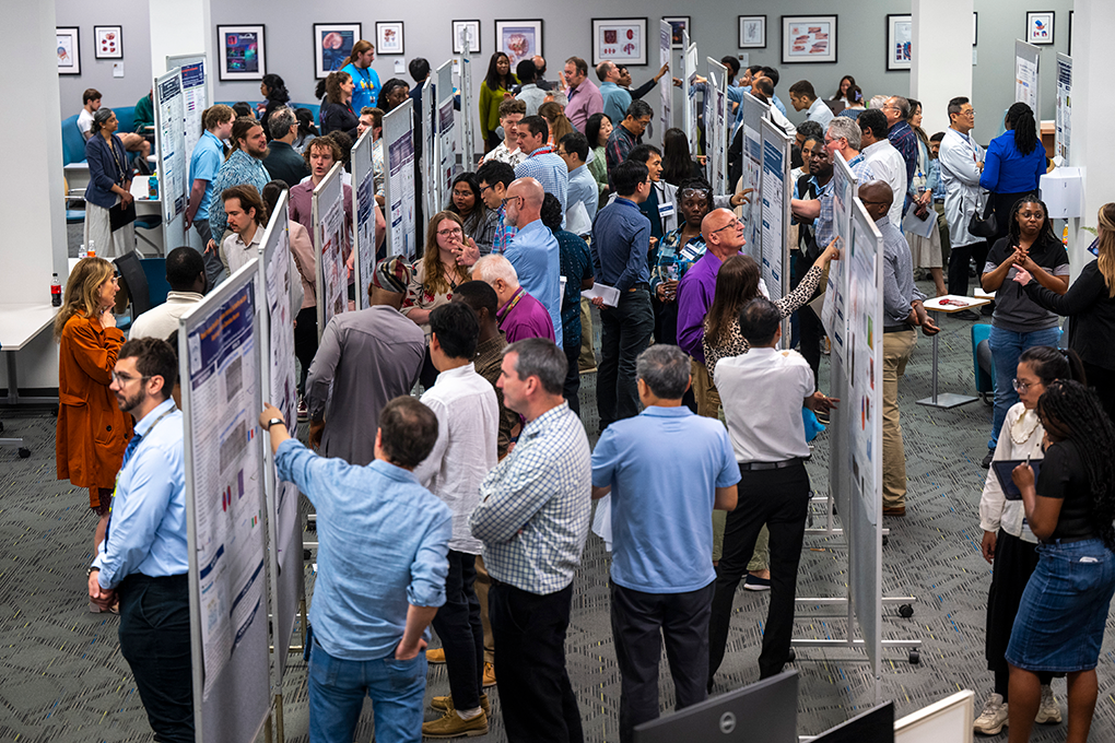 Many people gather around large posters in a room.