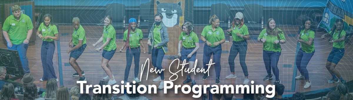 Photo of orientation leaders on stage during new student orientation
