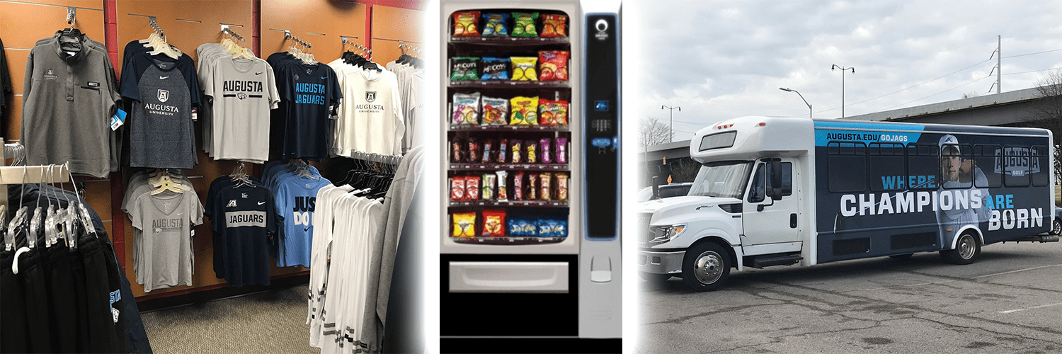 Collage of RoarStore clothing display, vending machine, and the shuttle bus.