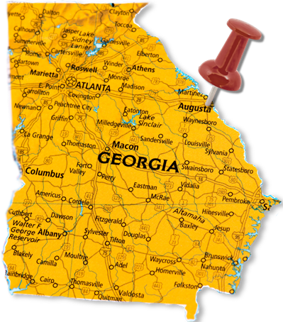 Map of Georgia, USA, that shows counties and routes. A red push pin is pushed into Augusta, Georgia.