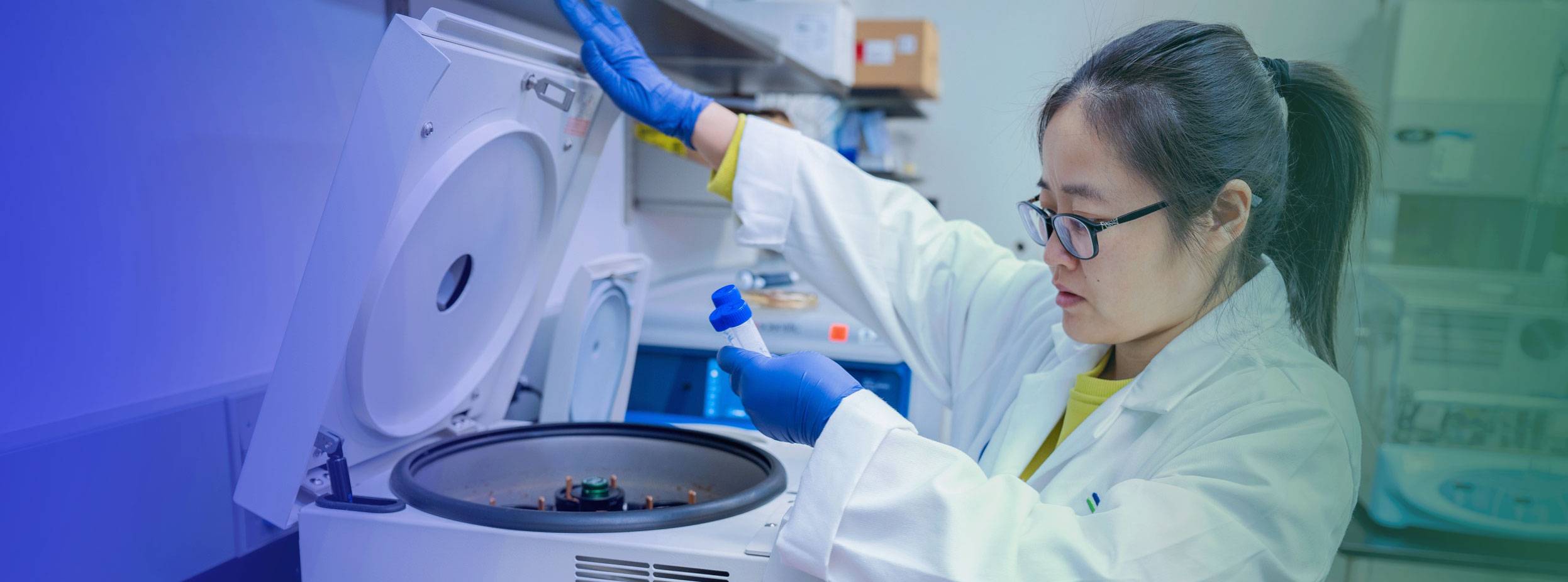 Scientist sitting working facing away from camera