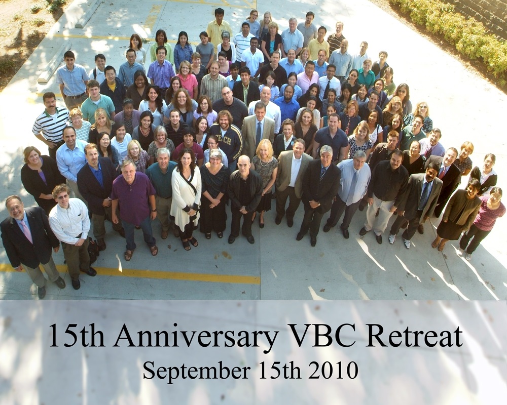 Photo of VBC faculty with text : 15th Anniversary VBC Retreat September 15th 2010