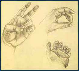 Artwork: "Hands" by Jennifer Darcy, Class of 2004, rendered in graphite.