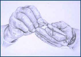 Artwork: "Hands with Fishing Lure," by Kristen Larson, Class of 2006, rendered in graphite.