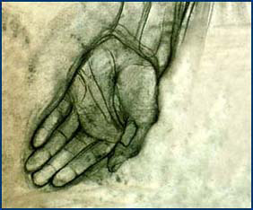 Artwork: "Hand," by Thomas Brown, Class of 2005, rendered in charcoal.