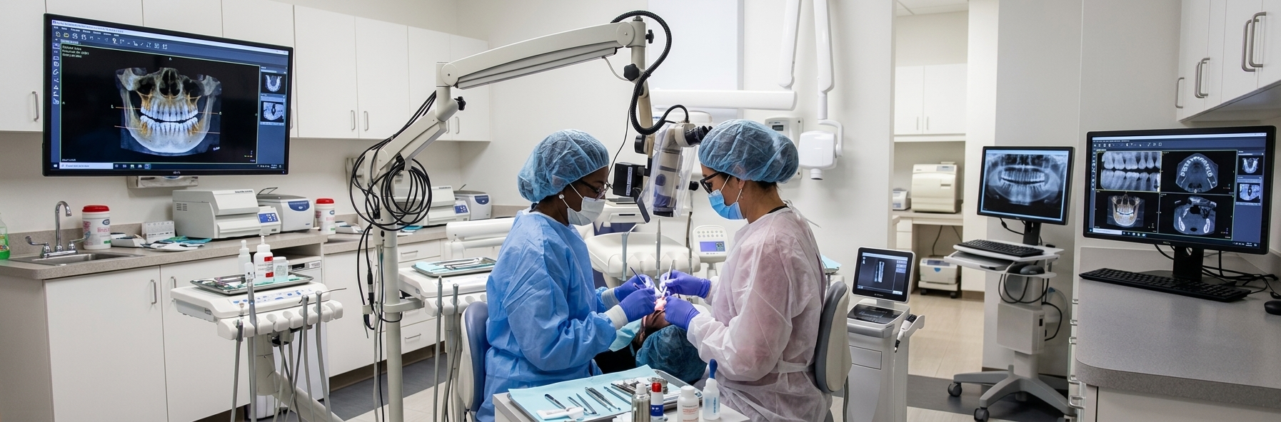 Two female endodontic employees working on a patient