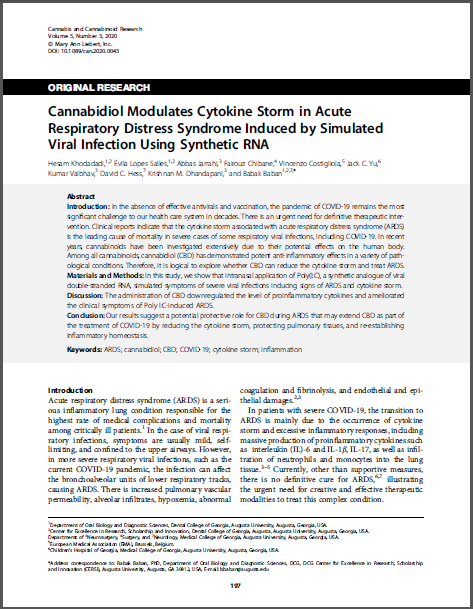 Screenshot: Cannabidiol Modulates Cytokine Storm in Acute Respiratory Distress Syndrome Induced by Simulated Viral Infection Using Synthetic RNA