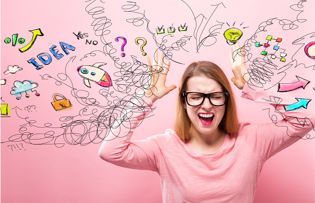 overwhelmed/ stressed woman with visuals around her head showing what's stressing her