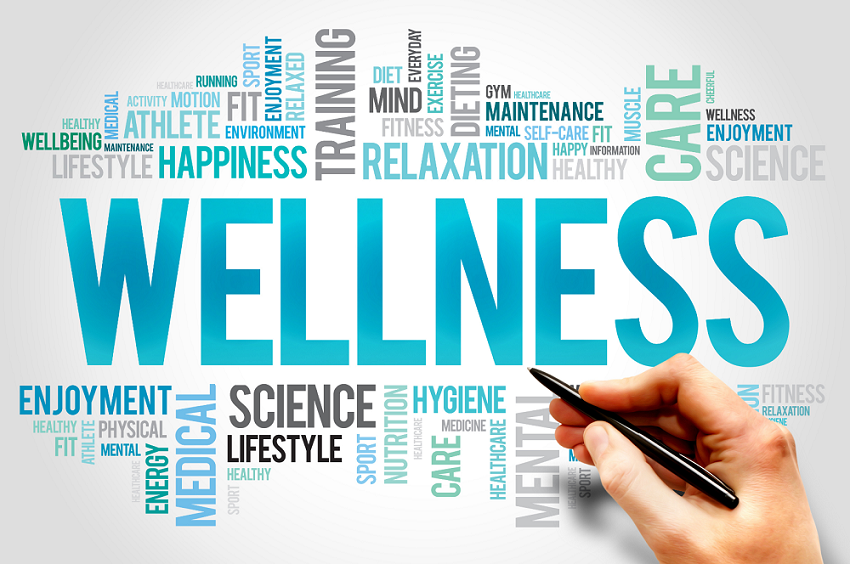 Words arranged connected to the word Wellness. Care, science, lifestyle, relaxation, mental, enjoyment, medical etc. 