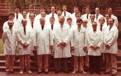 1984. First row: Dirk Younker, Bob Bittle, Horace Osborne, Zack Gramling, Wayne Mathews, Jack Williams, Joseph Johnston. Second row: Wendell James, Steve Mote, Ben Harrison, Jeff Dean, Ralph Menard, Ricky Knox. Third row: Russ Cheaney, Bucky Buxton, Arthur Gray, Larry Ault, Rafael Pascual, Doug Culverhouse. Fourth row: Vinne Skilling, Tom Hancock, Mike Ashmore, Chip Bragg, Alan Carithers, Bert Parker, Tim Williams, Adel Aziz, Ken Williamson.