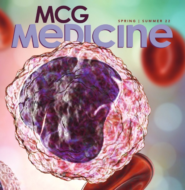 MCG Magazine - Spring/ Summer 2022 MCG Medicine cover image showing artistic rendering of white blood cells and red blood cells. MCG Magazine- Spring/ Summer 2022