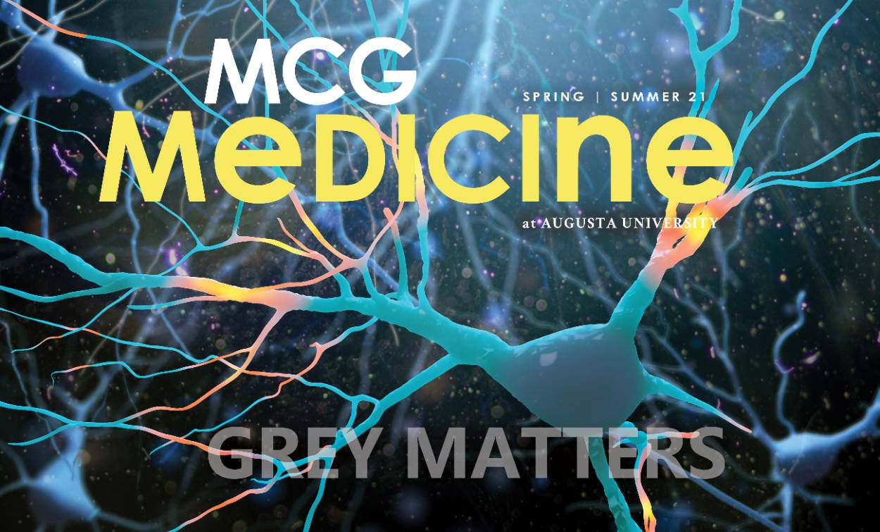Photo of wording: Spring/ Summer 2021 MCG Medicine at Augusta University Magazine - Grey Matters with colored brain neuron as background