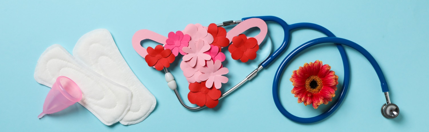 women's feminine products and a model of a uterus covered in flowers