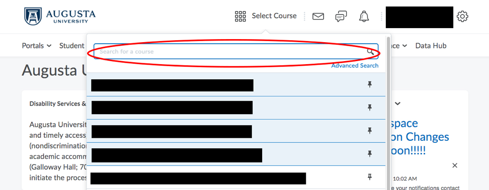 A D2L screen that shows the Search For Course box highlighted.