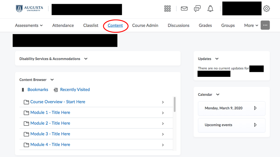 A D2L course screen with Content highlighted.