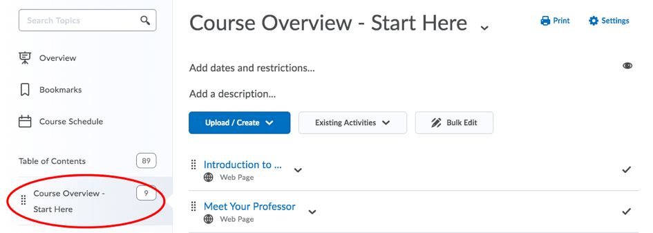 A D2L course screen with Course Overview Start Here