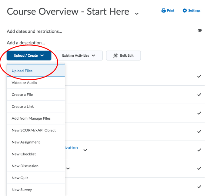A D2L screen with the Upload Files button highlighted.