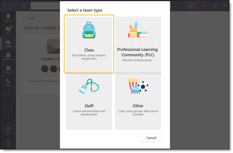 Screenshot with Class button highlighted in MS Teams