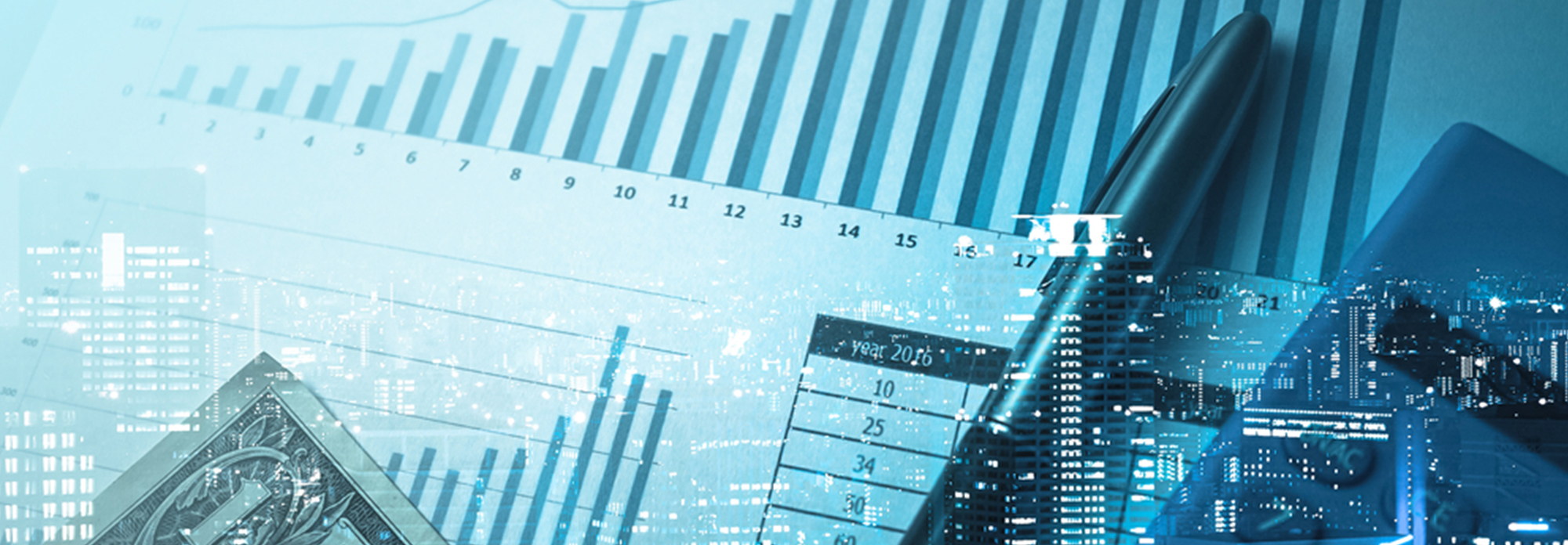 Collage of different finance related images - charts, graphs, and money.