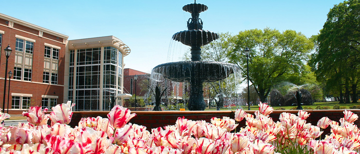 a photo of flowers in front of a fountain with an academic building in the background