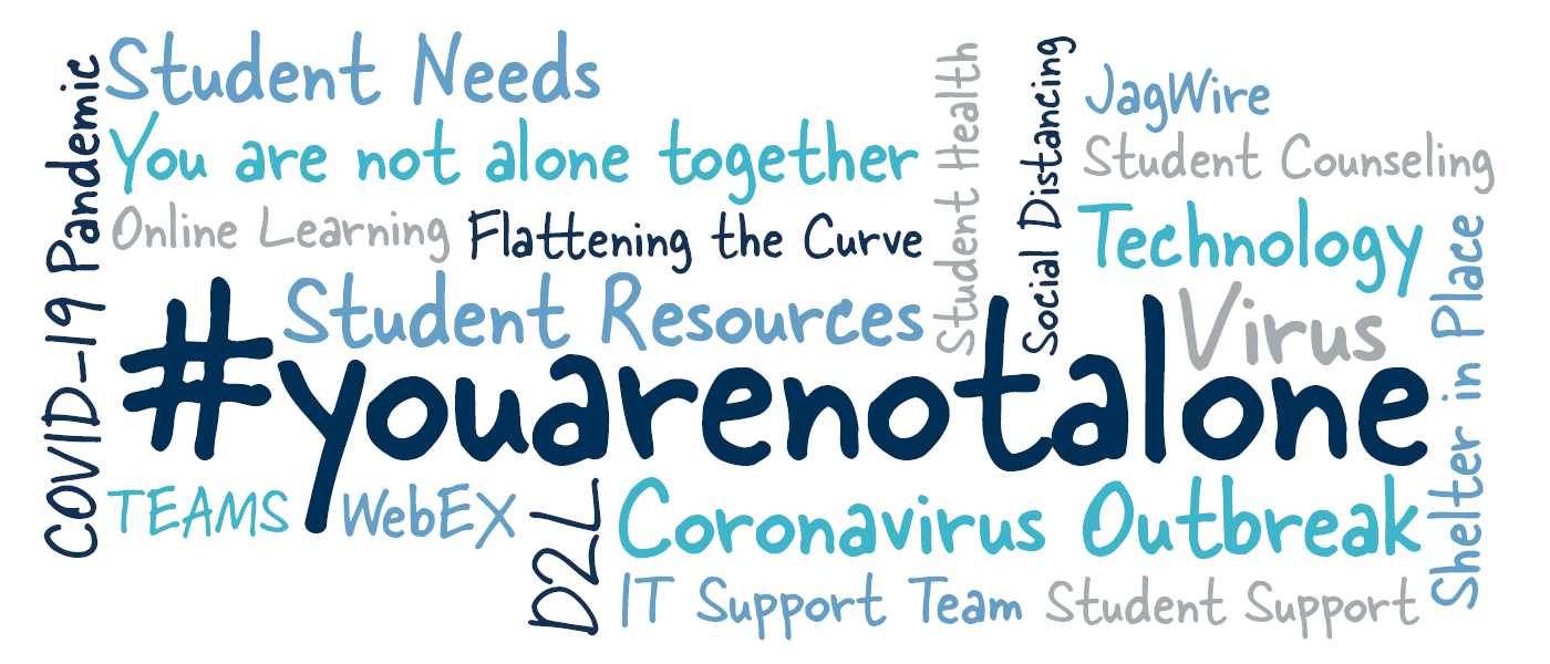 A Word cloud of words and AU services related to the Covid19 Pandemic. Levels of importance ( ordered by significance):  #You Are not alone, Coronavirus Outbreak, You are not alone together, Technology, Student Needs, Student Resources, COVID-19 Pandemic, Virus, Teams, WebEx, IT Support Team, Student Support, Shelter in Place, Student Counseling , Social Distancing, Jagwire, Flattening the Curve, Online Learning, Student Health, D2L