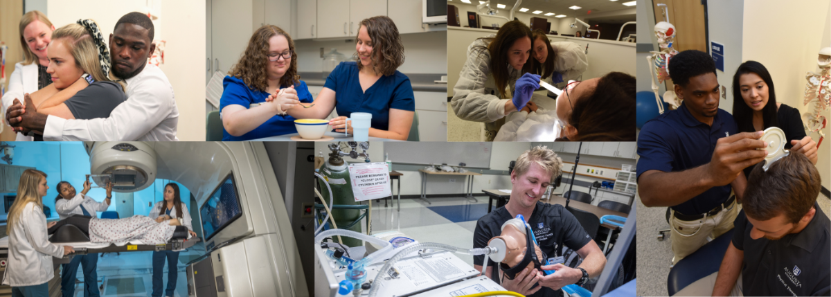 Collage of students learning in health care environments