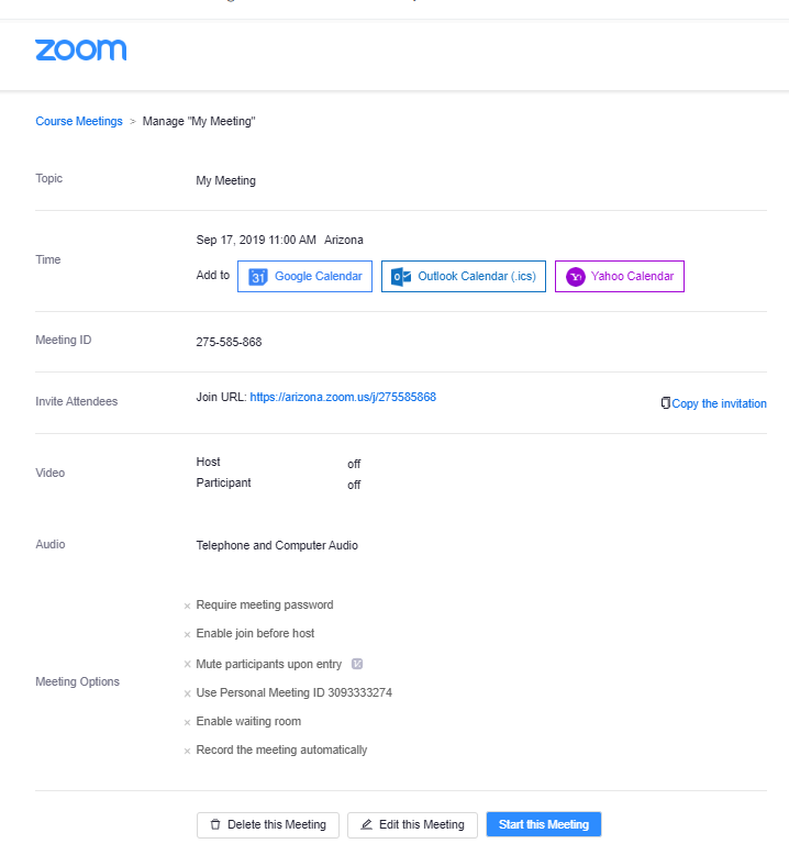 Manage meeting page