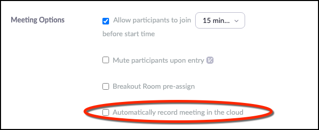 Select the option to Record the meeting automatically to the cloud.