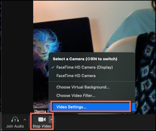 Zoom video settings menu Zoom video settings menu