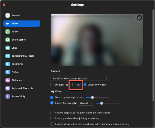 Zoom HD Video Option Enable or disable HD video option
