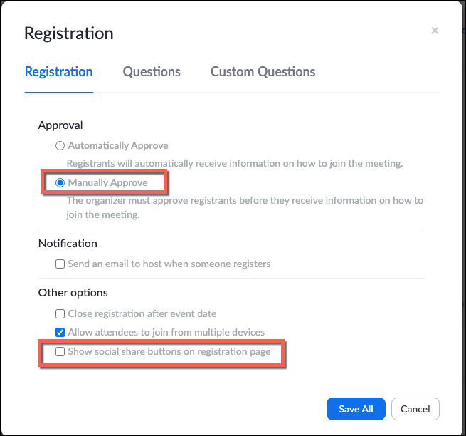 Modify meeting registration options Modify meeting registration options
