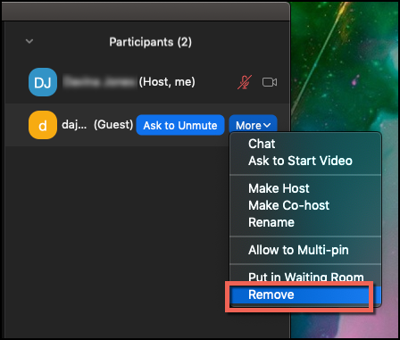 Remove Participant from Meeting Locate the participant you want to remove from the meeting