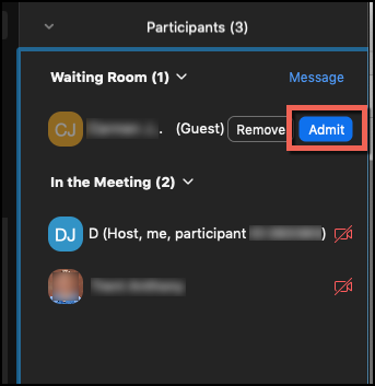 Admit Participant into Personal Room Admit participant into personal room