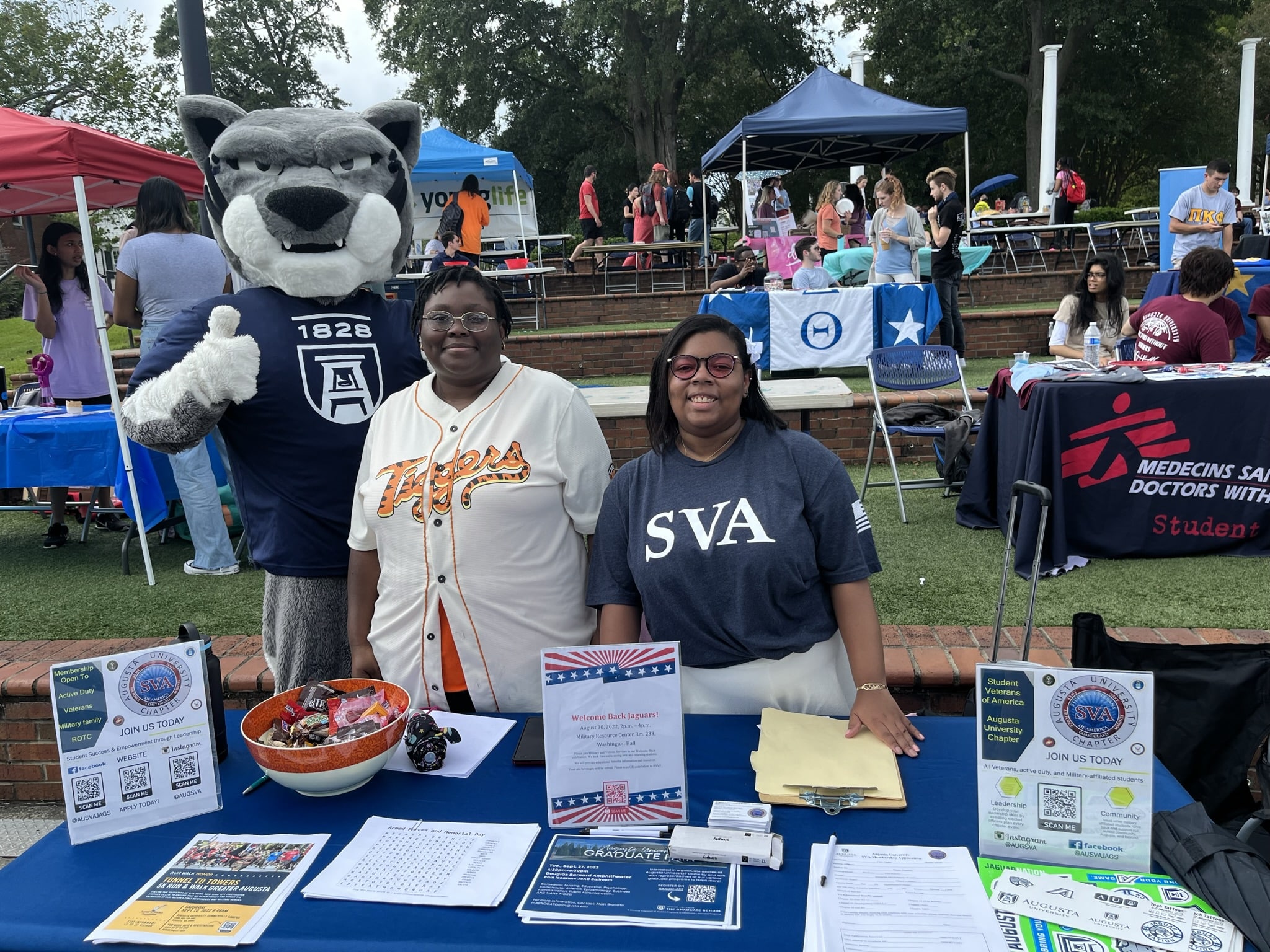 SVA table on the Summerville Campus with mascot Augustus