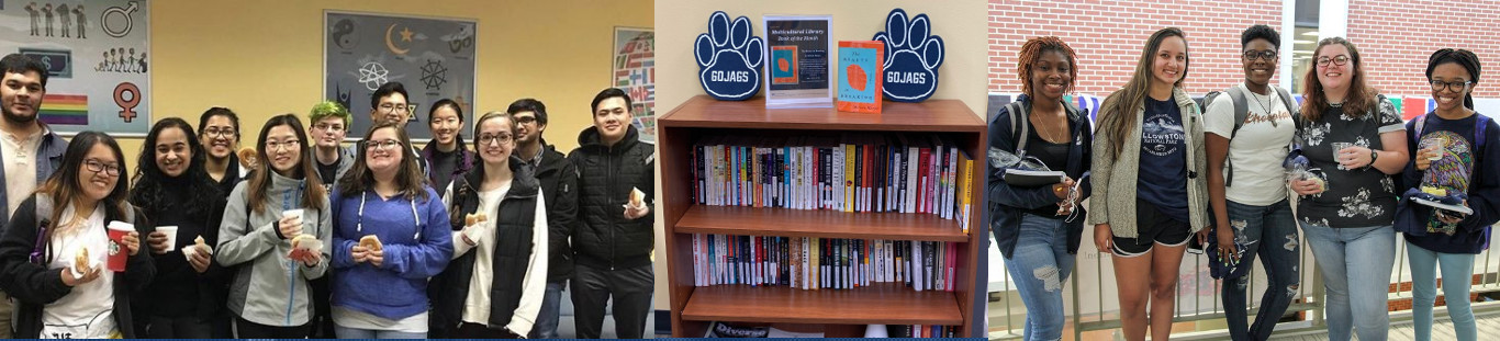 Multicultural Header with the library and students
