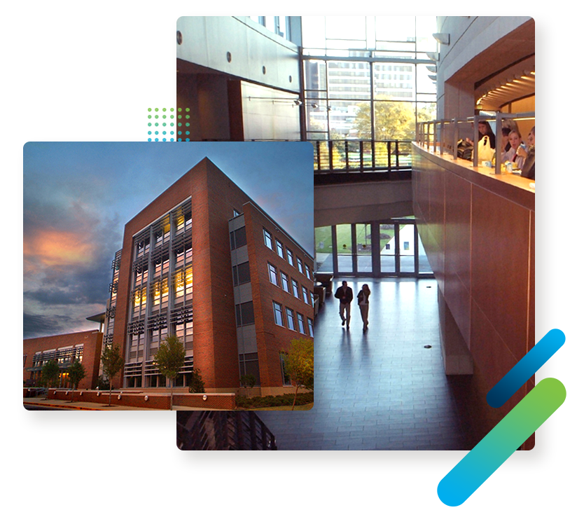 Students in the HSB atrium and exterior view of the building.