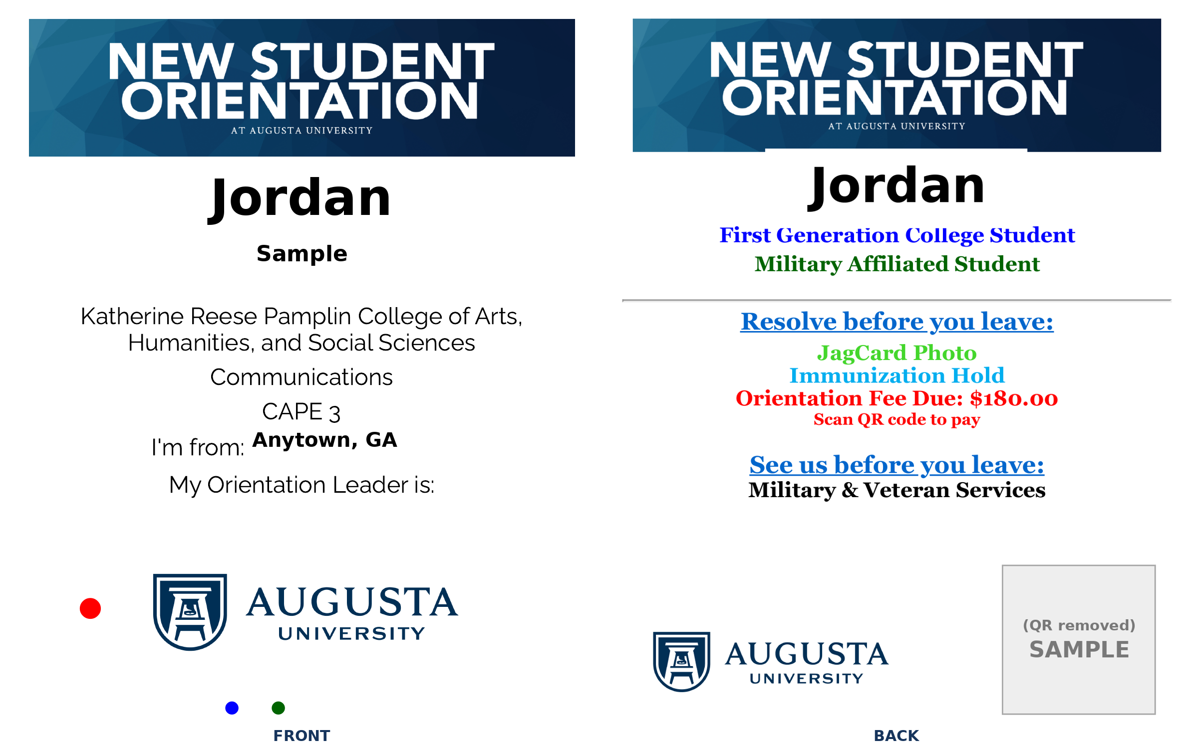 Sample orientation name badge, front and back, showing the student name, CAPE cluster, college, hometown, colored flags, and action steps.