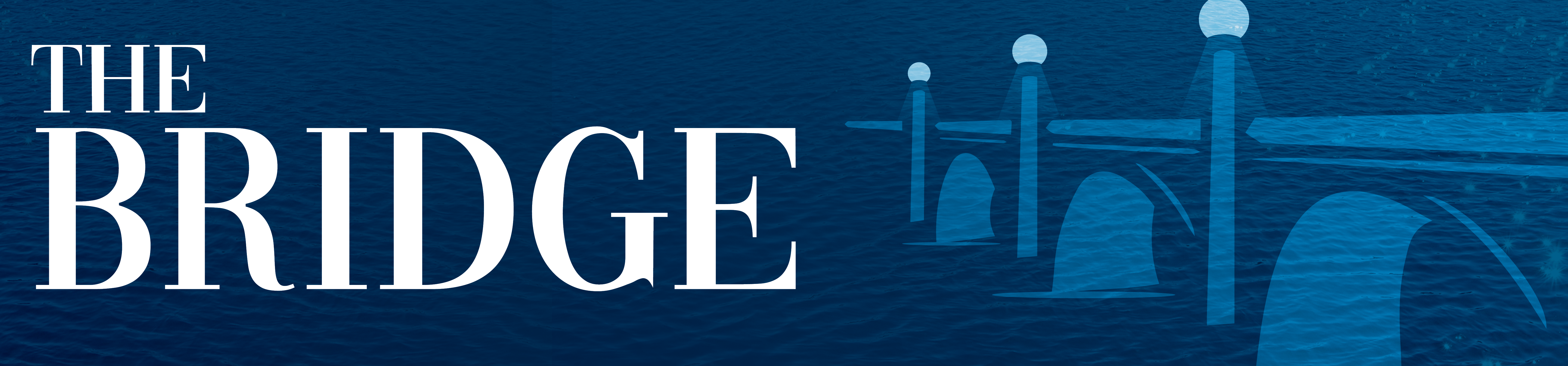 Stylized banner of a bridge over water on blue with logo for the Bridge newsletter
