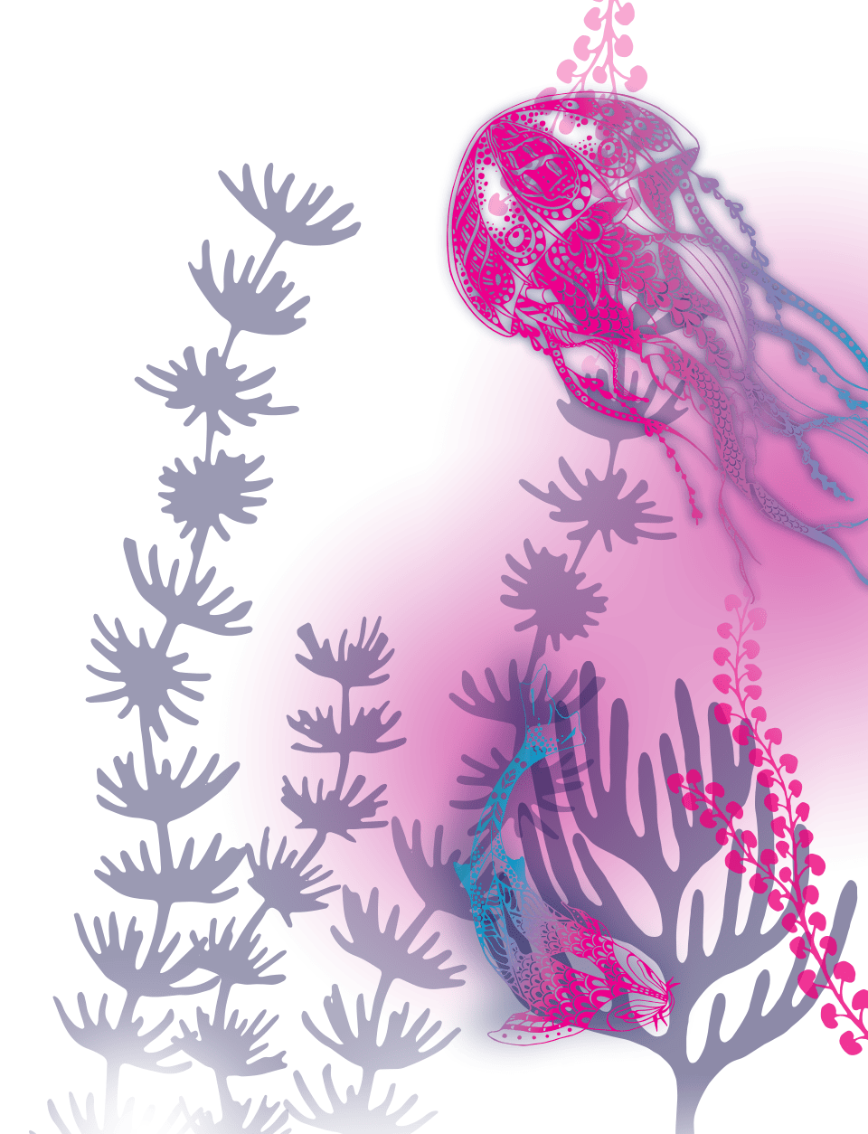 Pink and Purple gradient image of a jellyfish and a koi