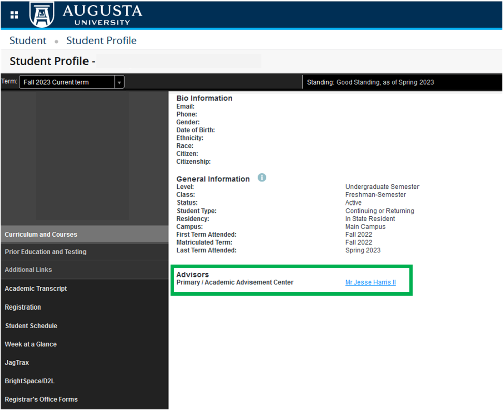 screenshot of student profile