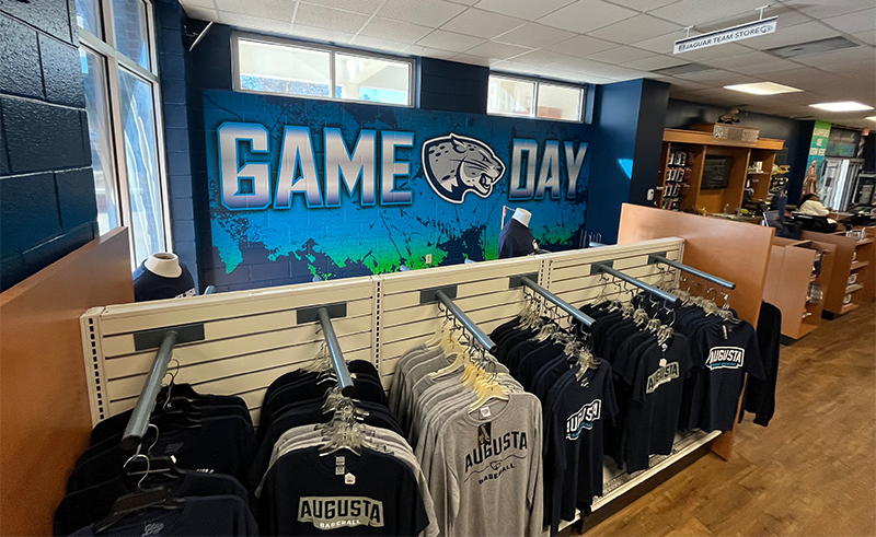 Game Day mural with swag in foreground