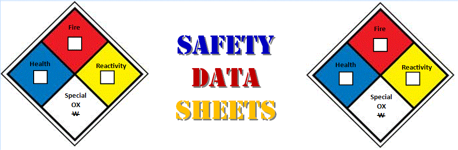 Two Pictures of the NFPA Diamond, with health written in the blue, flammability in the red, reactivity in the yellow, and protective eqiupment in the white portions of the diamond, with Material Safety Data Sheets written in between the two diamonds.