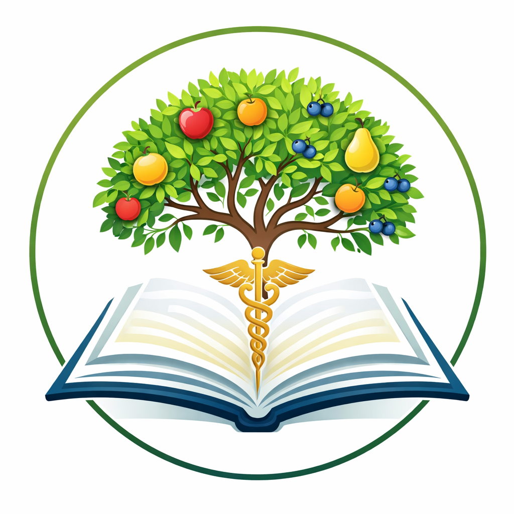 Image of book with fruit tree and medical icon