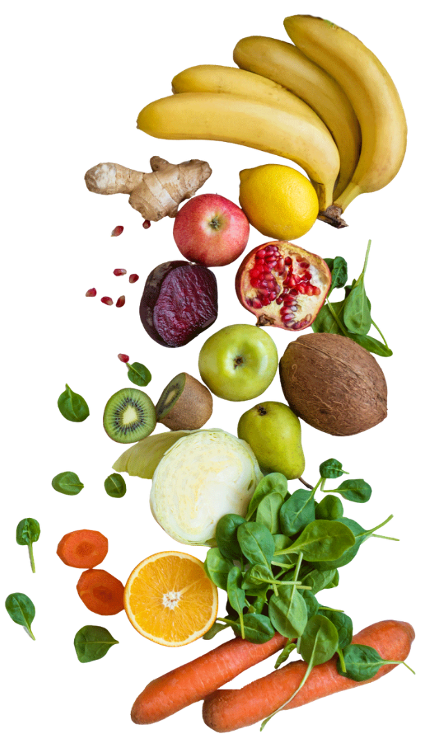 Vertical arrangement of fruits and veggies